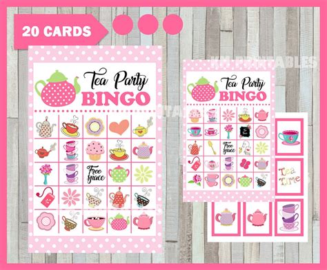 Tea Party Bingo Game Printable 20 Different Cards Party