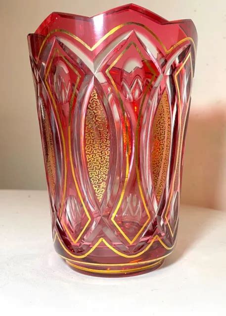 Antique Bohemian Czech Ruby Red Cut To Clear Gilded Gold Art Glass Crystal Vase 224 99 Picclick