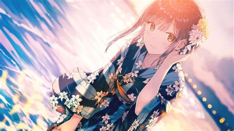 Kimono Floral Flowers Anime Anime Girls Brunette Water Hiten Hd