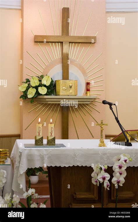 The Altar With Tabernacle And The Cross In The Adoration Chapel Stock