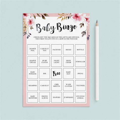 Printable Baby Girl Shower Bingo Cards With Pink Flowers Instant