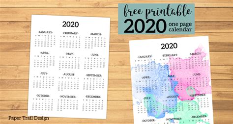 2020 Printable One Page Year At A Glance Calendar Paper Trail Design