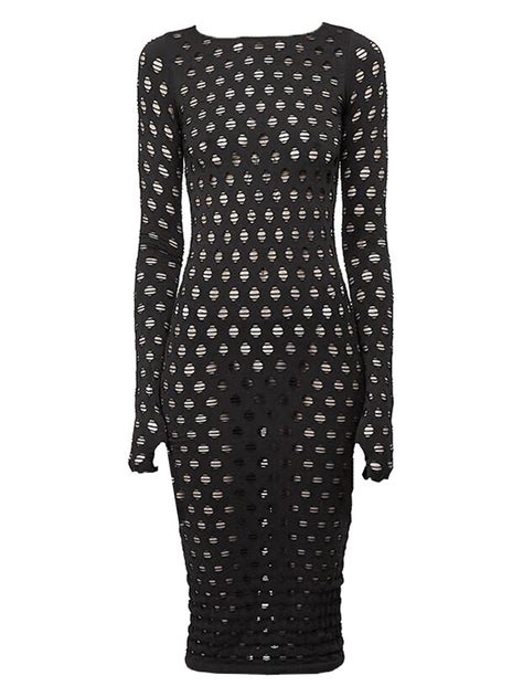 Maisie Wilen Perforated Long Sleeve Midi Dress In Black Lyst
