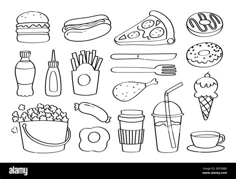 Cute Doodle Fast Food Or Junk Food Cartoon Icons And Objects Stock