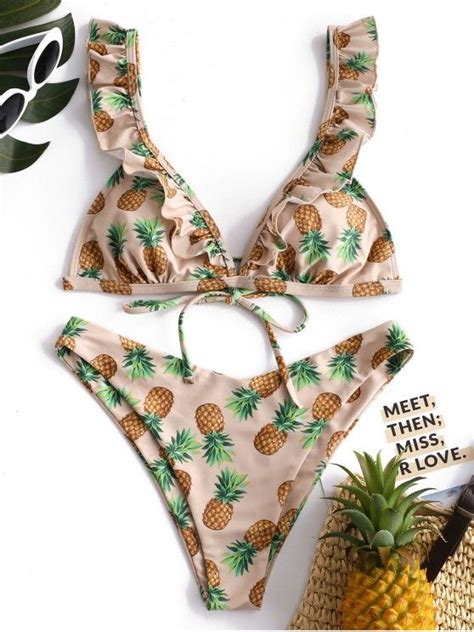 44 Off 2020 Zaful Ruffle Pineapple Bikini Set In Rose Zaful