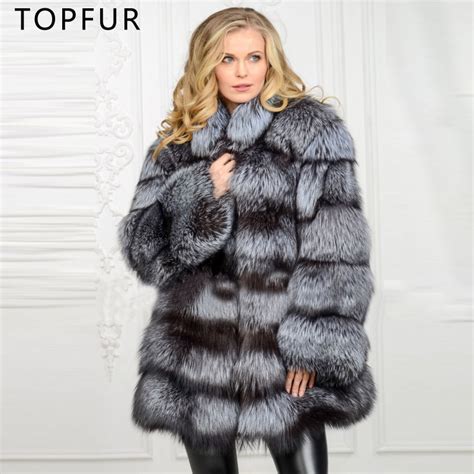 Topfur Natural Silver Fox Fur Coat Women Winter Real Fur With Collar