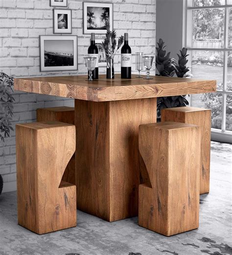 Buy Portland Solid Wood Bar Table Set In Natural Finish With 4 Stools