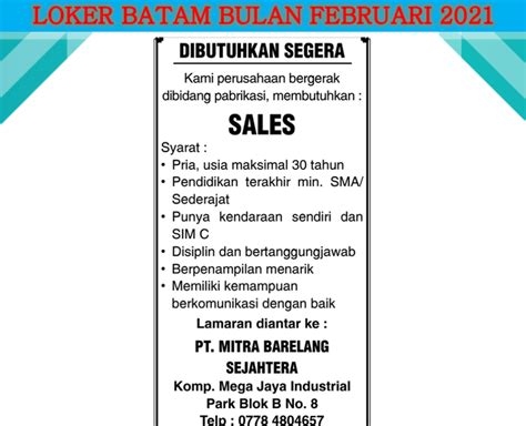 Pionir istilah loker identik dengan lowongan kerja, situs loker.id hadir sejak 2007 mempermudah cari pekerjaan dan perekrutan karyawan. Lowongan Kerja PT. Mitra Barelang Sejahtera - Lowongan Kerja Batam 2021