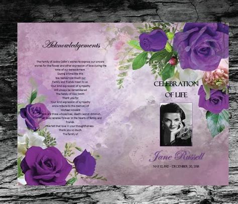 A Funeral Program With Purple Roses On It