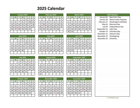 Printable 2025 calendar with federal holidays