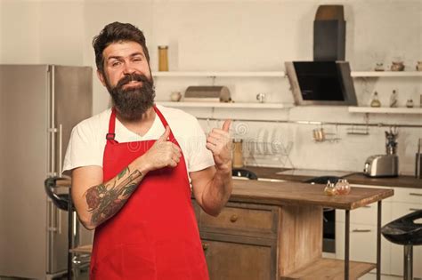 Cooking Is My Life Bearded Man In Red Apron Restaurant Or Cafe Cook Hipster In Kitchen