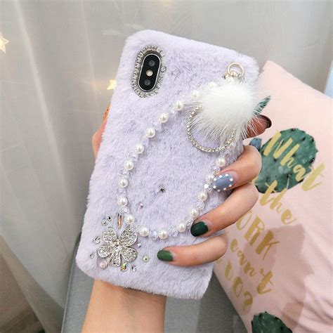 Bling Lovely Fluffy Fur Phone Case Girly Flowers Pearls Etsy