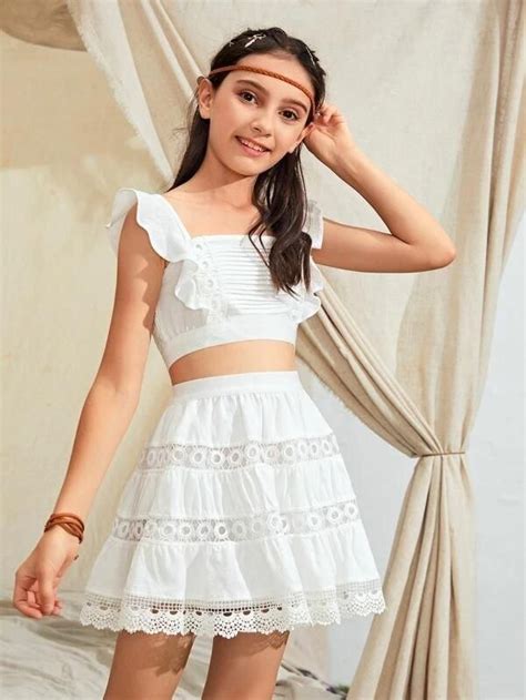 Girls Shirred Back Ruffle Detail Top And Guipure Lace Insert Skirt Set