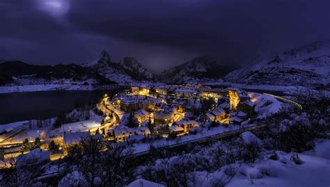Mountain Town On Winter Night Hd Wallpaper Background