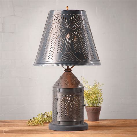 Fireside Table Lamp With Punched Tin Willow Shade Vintage Farmhouse