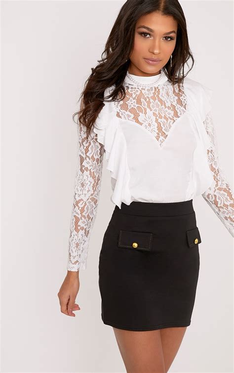 becki white ruffle lace sleeve high neck blouse prettylittlething aus