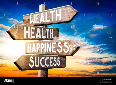 Wealth Health Happiness Success Wooden Signpost Roadsign With