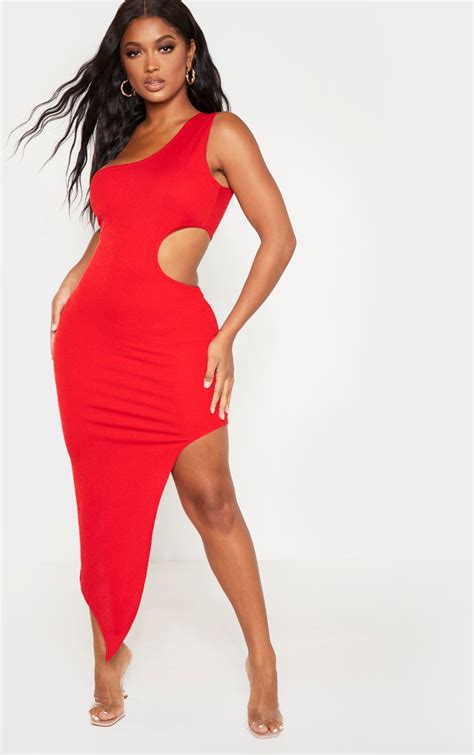 shape red one shoulder cut out midaxi dress prettylittlething usa