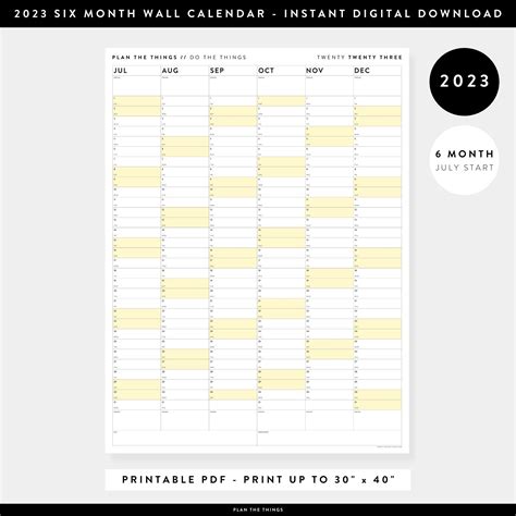 Printable Six Month 2023 Giant Wall Calendar July December Etsy In