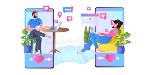 Couple In Love Using Mobile Dating App Man Woman Chatting During Virtual Meeting Social