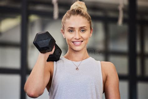 Woman Dumbbell And Gym Portrait Of A Athlete With A Smile Ready For Training Exercise And