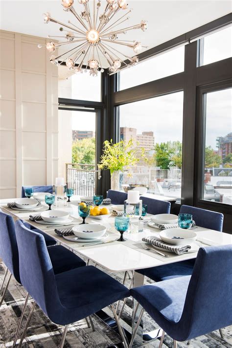 Stylish Art Deco Dining Room With Bold Blue Chairs Hgtv