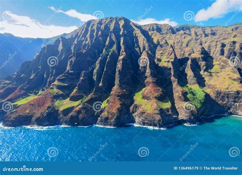 Aerial View Of The Na Pali Coast Shoreline Kauai Hawaii Stock Image