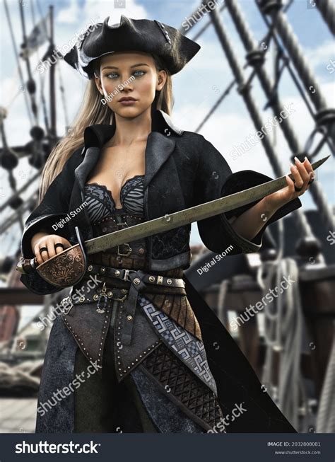 Portrait Female Pirate Mercenary Standing On Stock Illustration