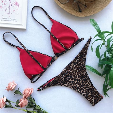 Leopard Print Triangle Thong Bikini Set On Sale For Us 567