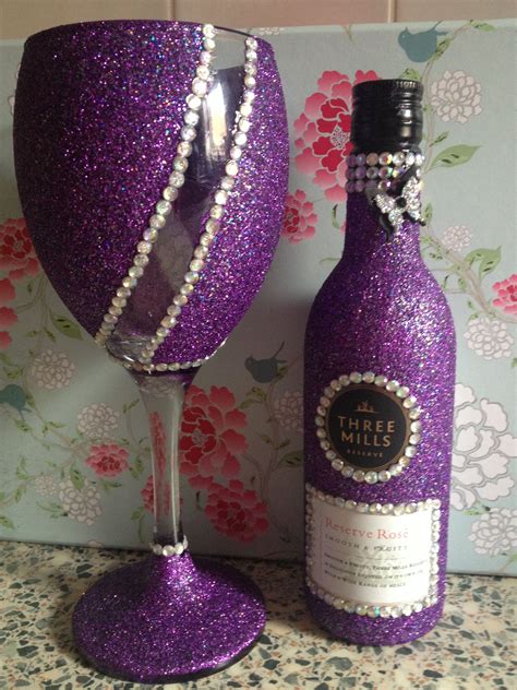 Purple Glitter Wine Glass And Bottle Wine Bottle Crafts Bottle