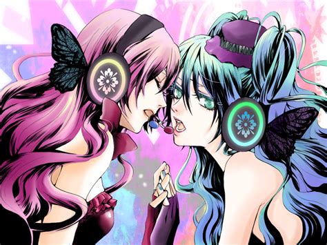 2girls Aqua Eyes Aqua Hair Butterfly Gloves Hat Hatsune Miku Headphones