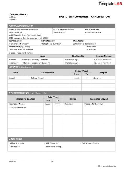 Printable 50 Free Employment Job Application Form Templates Child Care