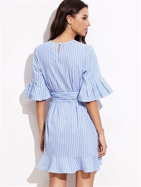 Blue Vertical Striped Belted Ruffle Dress Sheinsheinside