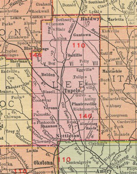 Lee County Mississippi 1911 Map Rand Mcnally Tupelo Baldwyn Saltillo