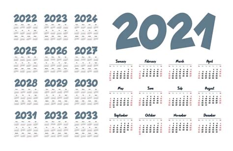 Simple Calendar 2021 2033 White Background Vector Illustration Stock