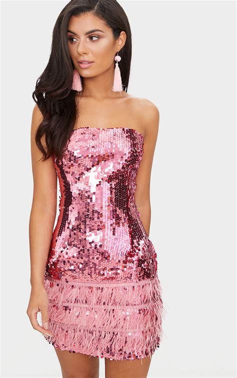 pink bandeau sequin feather trim bodycon dress prettylittlething qa