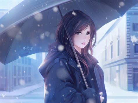 Winter Love Girl Umbrella Anime Character Hd Wallpapers Preview