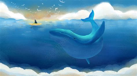 Ilustrasi Asal Lukisan Biru Dan Awan Putih Menyembuhkan Ikan Paus Laut