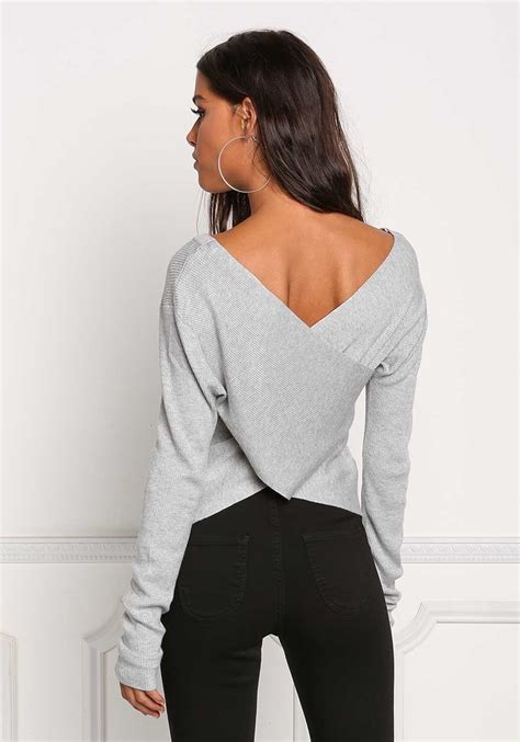 Junior Clothing Grey Back Cross Over Ribbed Knit Top Knit Top