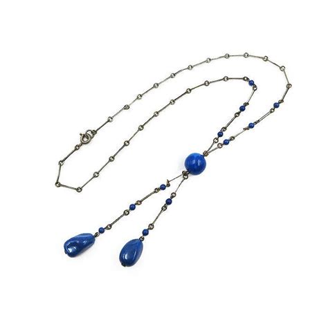 Art Deco Blue Glass Necklace Lavaliere Necklace Glass Etsy Art Deco