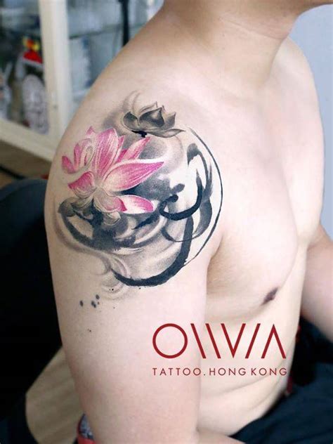 Graphic Lotus Flower Tattoo On The Right Shoulder