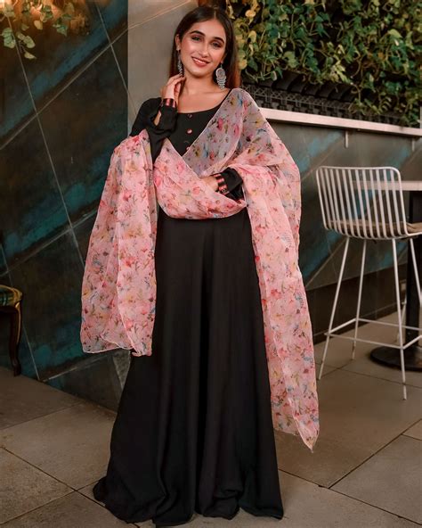Black Rayon Anarkali Dress With Pink Floral Organza Dupatta Set Of