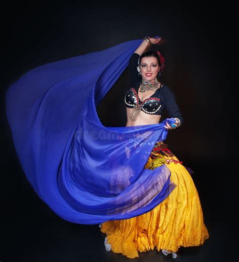 Beautiful Exotic Belly Tribal Dancer With Blue Shawl Woman Stock Photo