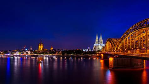 Germany Rivers Bridges Houses Night Cologne Cities Wallpapers Hd