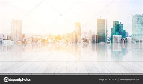 Business Concept Empty Marble Floor Top Panoramic Modern Cityscape