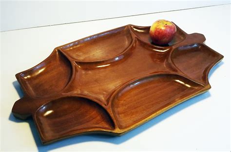 Vintage Cherry Wood Wooden Carved Serving Tray Sectioned Platter