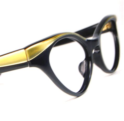 Vintage 50s Black And Gold Winged Cat Eye Glasses Nos Vintage Optical