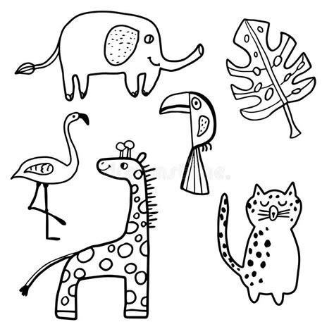 Cute Hand Drawn Doodle African Animals Set Isolated On White Background