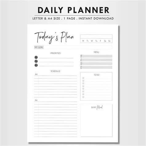 Daily Planner Printable Letter Size A4 Planner Insert To Do List
