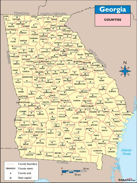 Georgia Counties And County Seats Map By From
